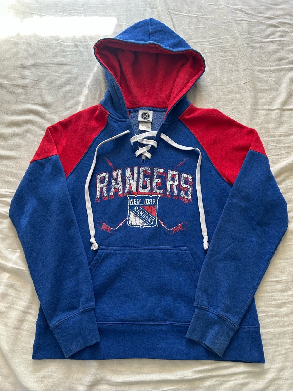 NHL New York Rangers Blue & Red Lace-Up Crewneck Hoodie